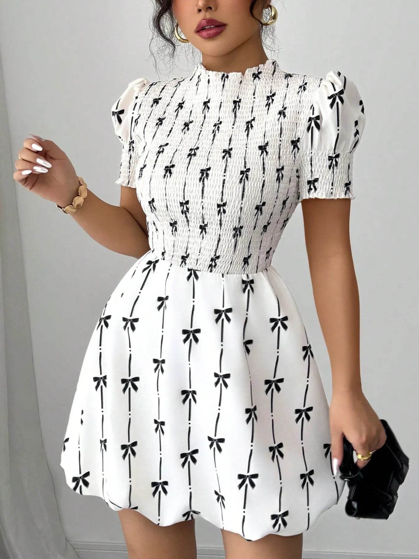 Smocked Bow Print Short Sleeve Dress - Tredona LLC