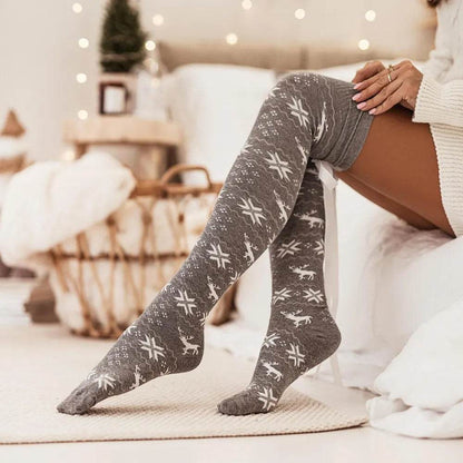 Christmas Element Bowknot Ribbed Trim Over Knee Stockings - Tredona LLC
