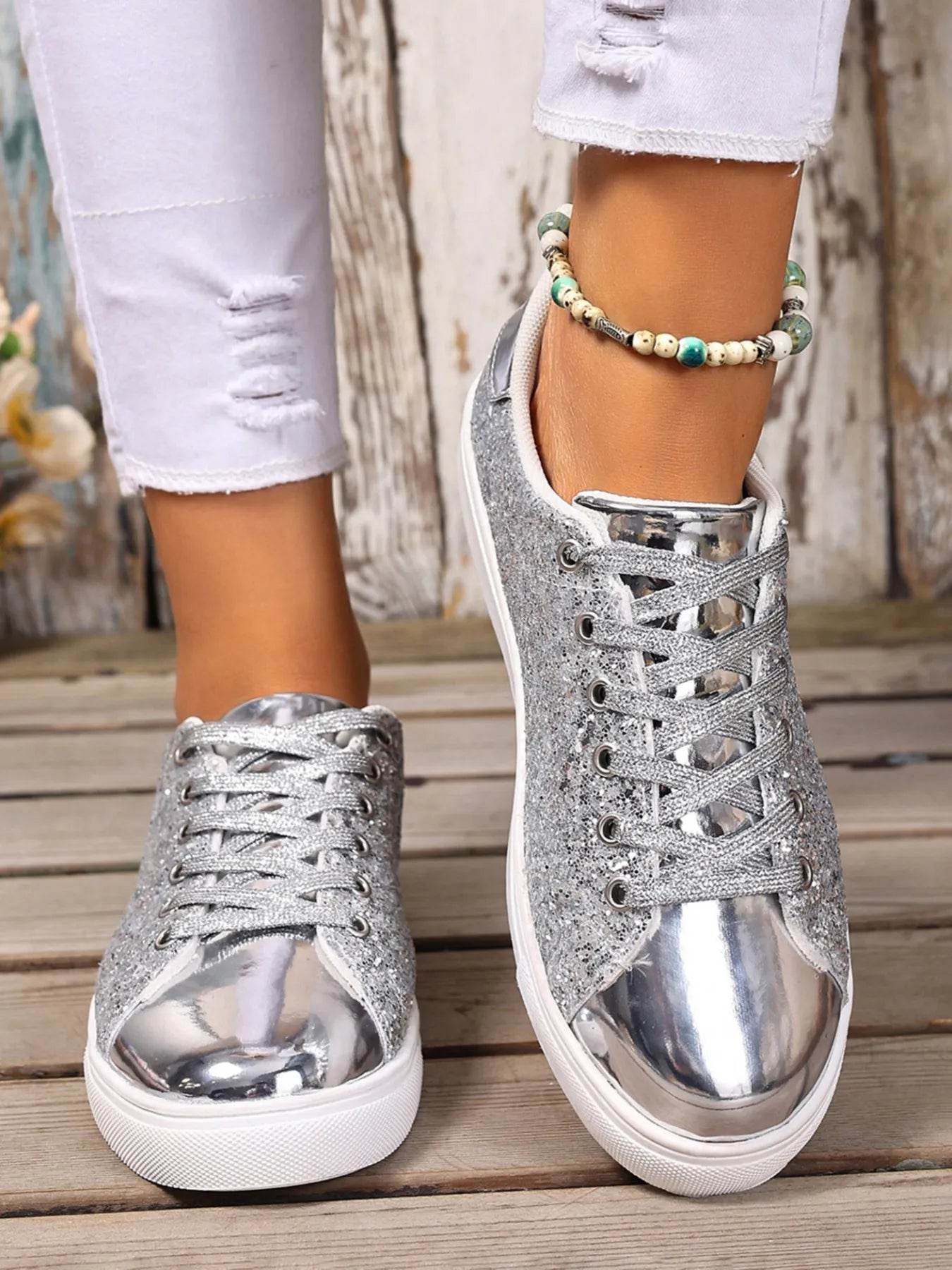 Sequin Lace Up Sneakers - Tredona LLC