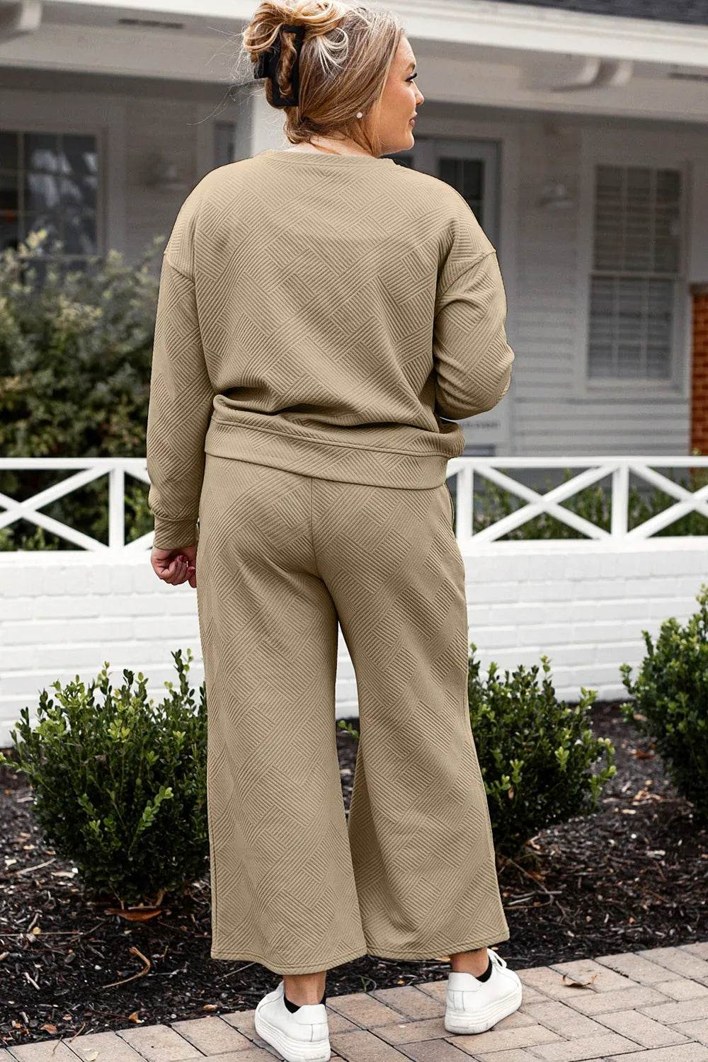 Double Take Full Size Textured Long Sleeve Top and Drawstring Pants Set - Tredona LLC