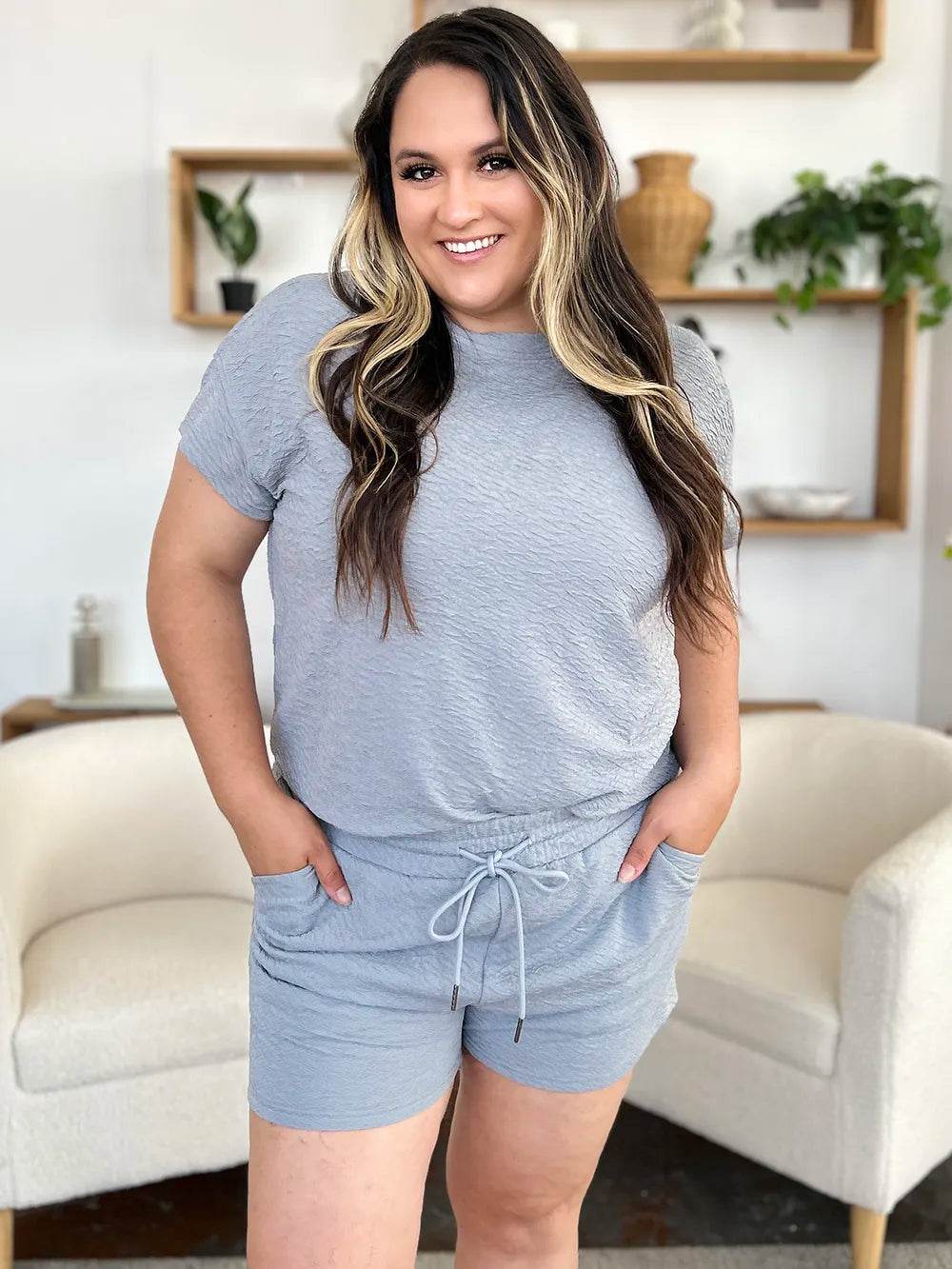 Double Take Full Size Texture Short Sleeve T-Shirt and Drawstring Shorts Set - Tredona LLC
