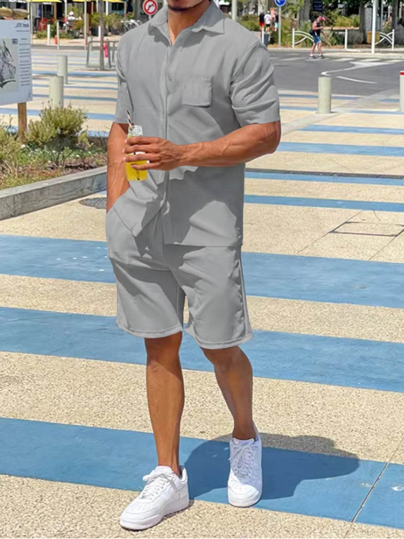 Men's Full Size Casual Short Sleeve Shirt and Shorts Matching Set Plus Size - Tredona LLC