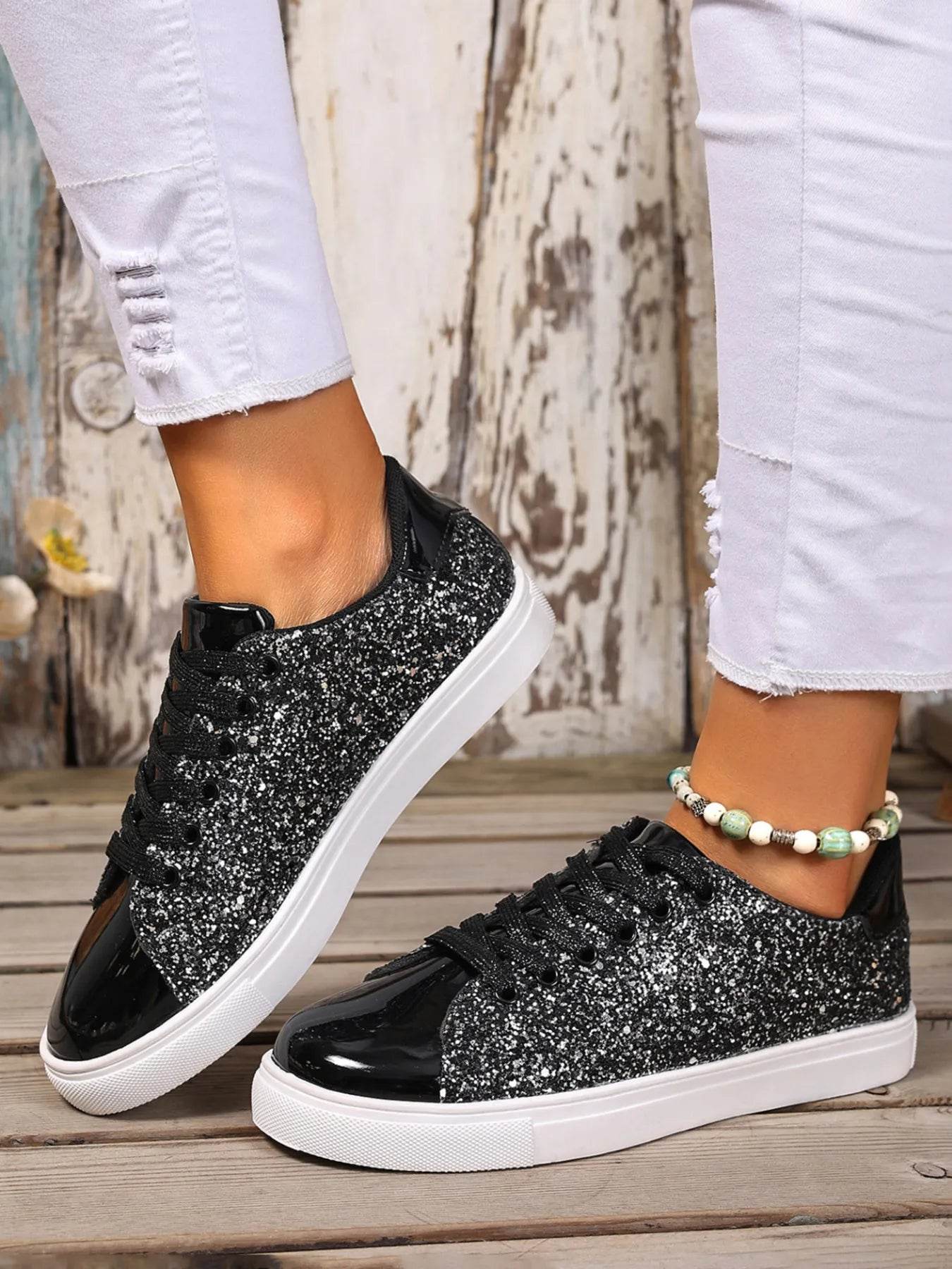 Sequin Lace Up Sneakers - Tredona LLC