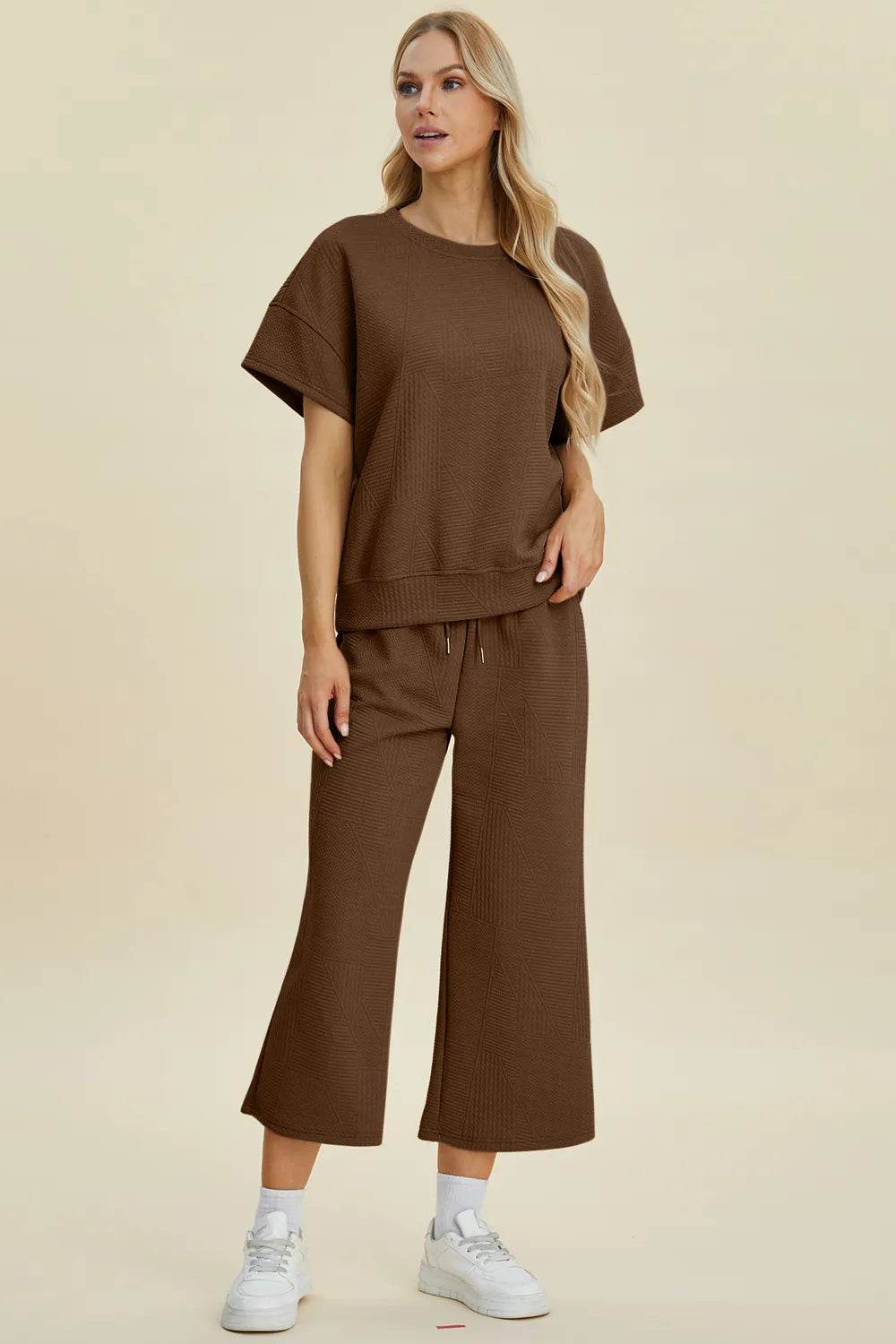 Double Take Full Size Texture Round Neck Top and Pants Set - Tredona LLC