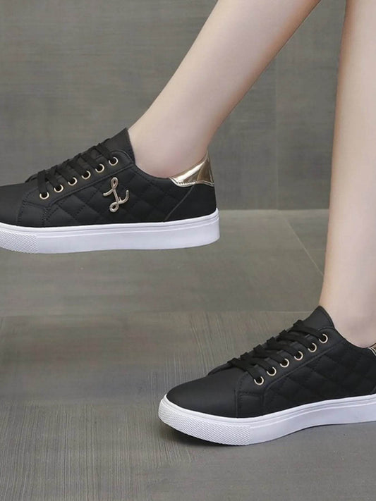 Quilted Platform Sneakers with Metallic Gold Accents - Tredona LLC