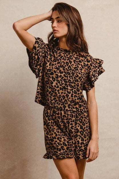 BiBi Leopard Print Waffle Texture Layered Ruffle Sleeve Top and Shorts Set - Tredona LLC