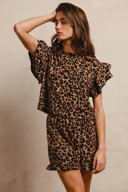 BiBi Leopard Print Waffle Texture Layered Ruffle Sleeve Top and Shorts Set - Tredona LLC