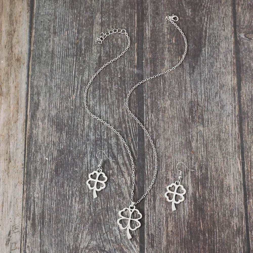 Lucky Clover Alloy Earrings and Necklace Jewelry Set - Tredona LLC