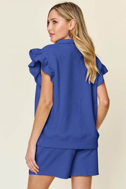 Double Take Full Size Texture Flounce Sleeve Top and Drawstring Shorts Set - Tredona LLC