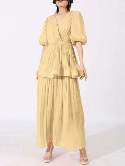 Layered Surplice Puff Sleeve Maxi Dress - Tredona LLC