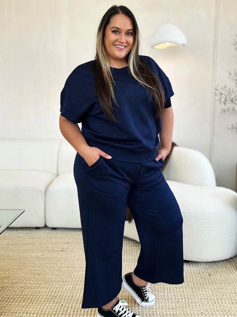 Double Take Full Size Texture Short Sleeve Top and Pants Set - Tredona LLC