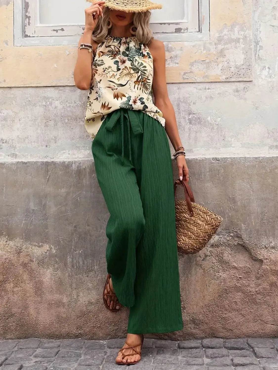 Printed Tank Top and Wide Leg Pants Set - Tredona LLC