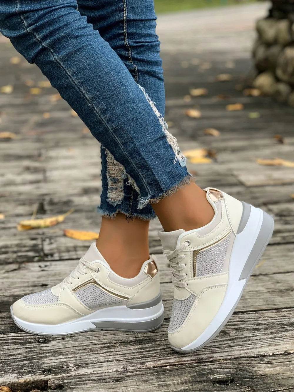 Lace-Up Rhinestone Wedge Sneakers - Tredona LLC