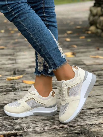 Lace-Up Rhinestone Wedge Sneakers - Tredona LLC