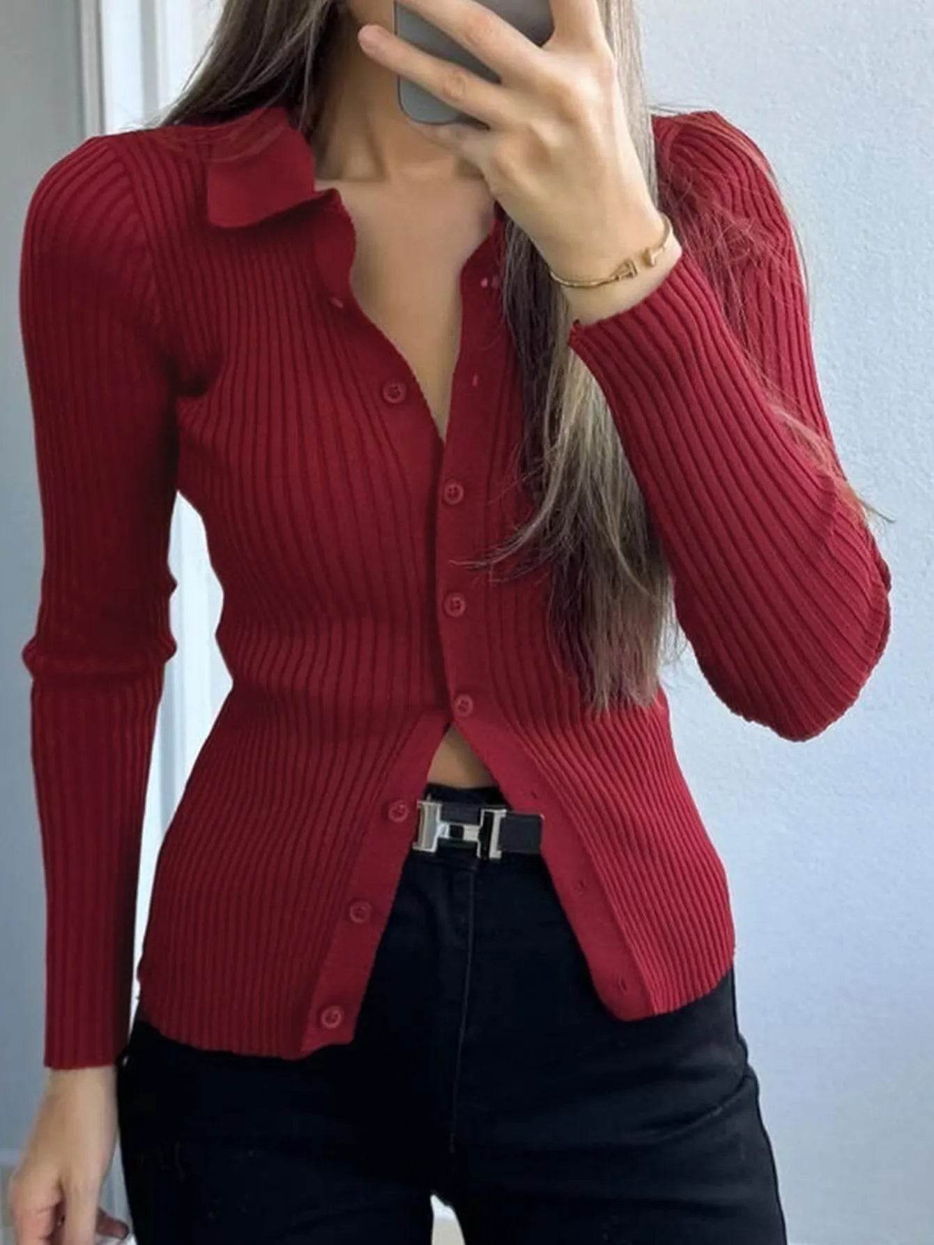 Ribbed Button-Front Long Sleeve Cardigan - Tredona LLC