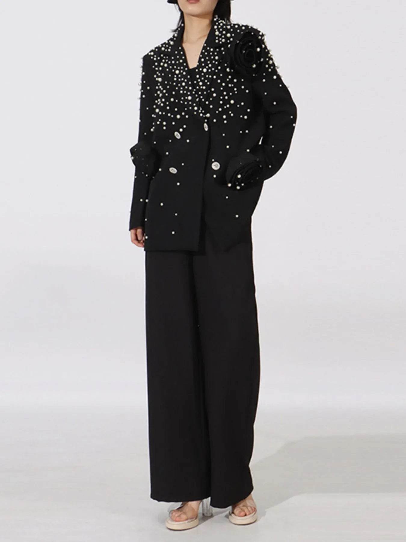 Pearl Embellished Double-Breasted Blazer - Tredona LLC
