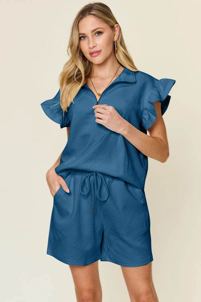 Double Take Full Size Texture Flounce Sleeve Top and Drawstring Shorts Set - Tredona LLC