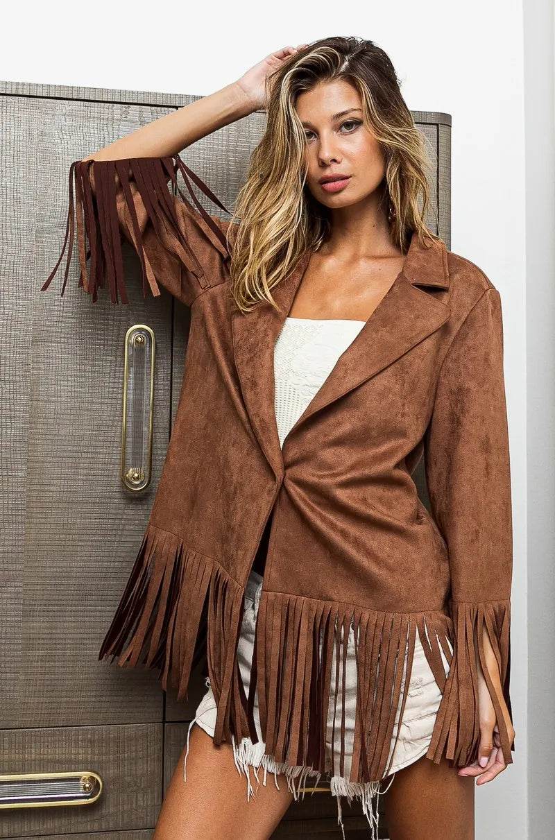BiBi Single Blazer with Fringed Hem - Tredona LLC