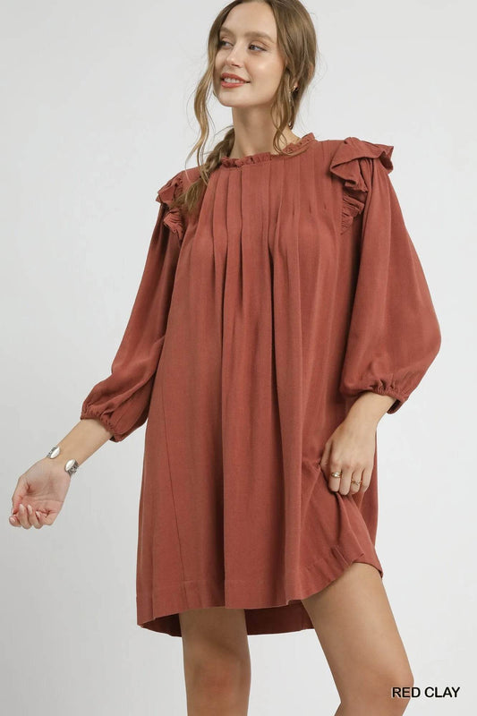 Umgee Linen Ruffle Shoulder Pleated Babydoll Dress - Tredona LLC