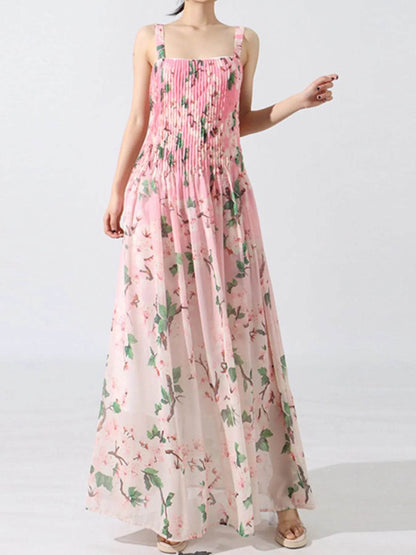 Floral Print Pleated Maxi Dress - Tredona LLC
