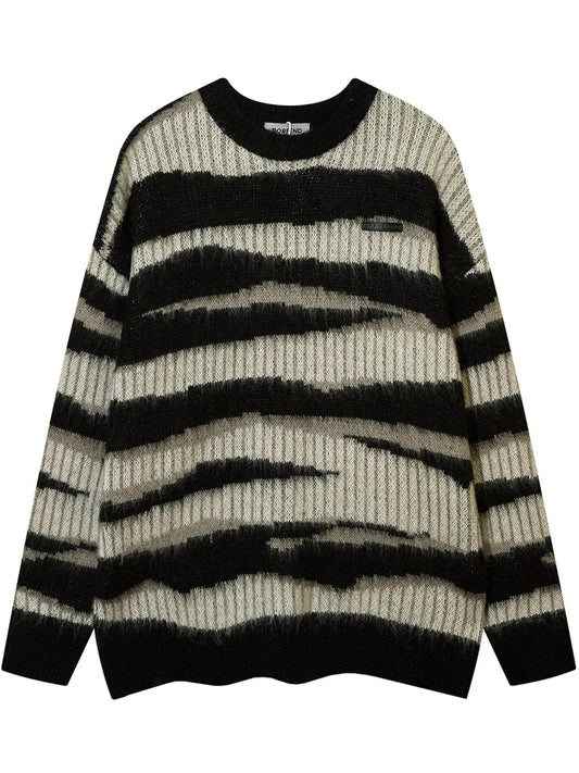 Men's Oversized Contrast Striped Round Neck Sweater - Tredona LLC