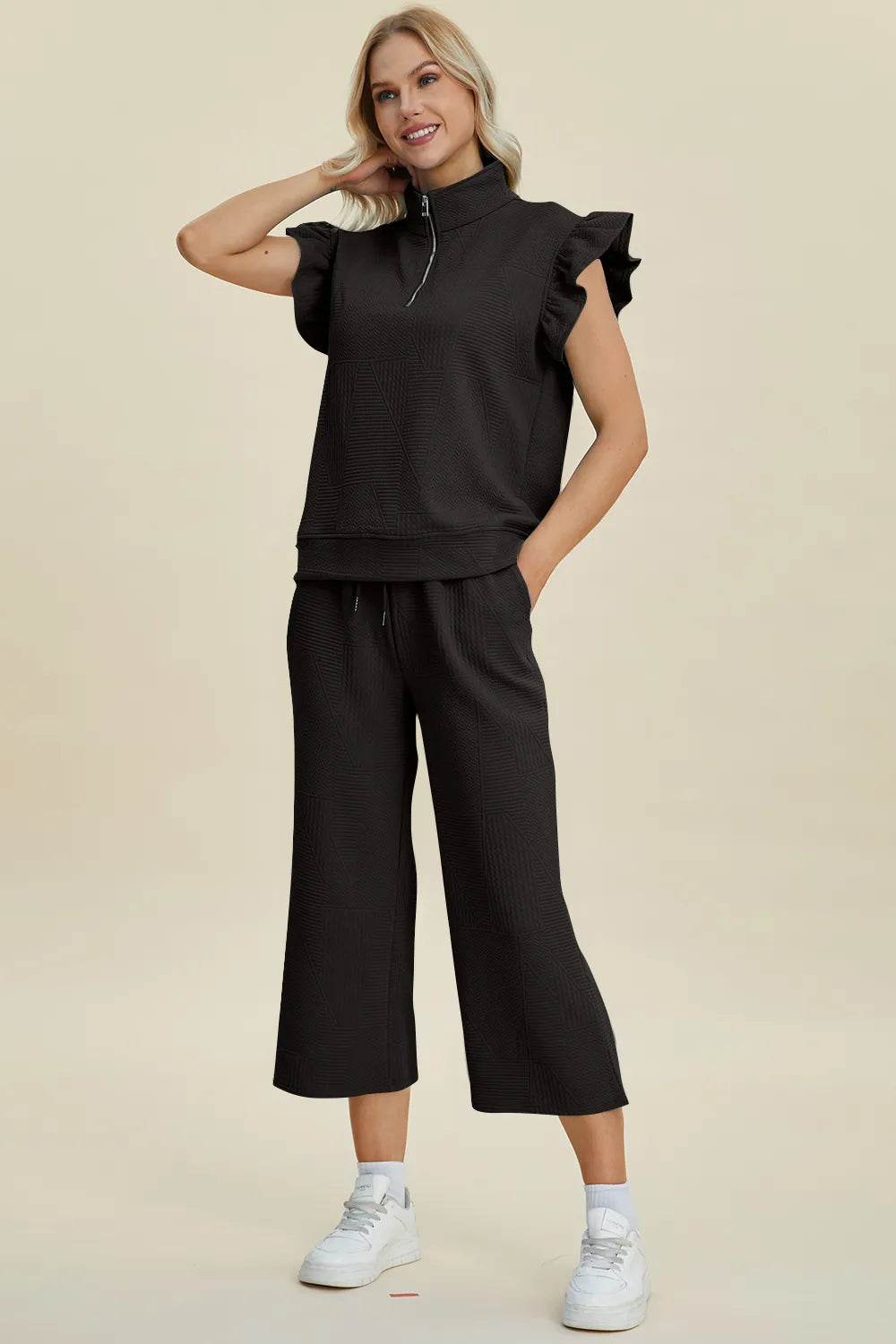 Double Take Full Size Texture Ruffle Short Sleeve Top and Wide Leg Pants Set - Tredona LLC
