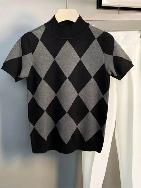Men's Full Size Diamond Pattern Short Sleeve Knit Top Plus Size - Tredona LLC