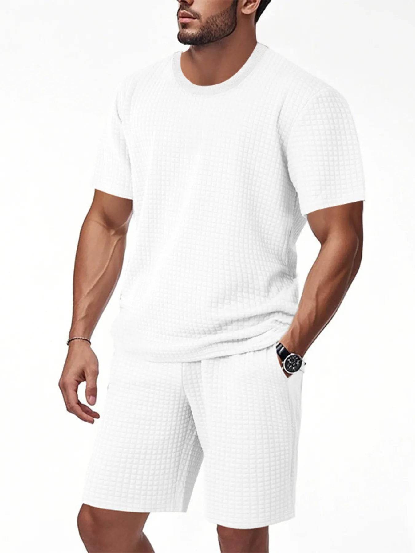 Men's Full Size Textured Round Neck Top and Shorts Set Plus SIze - Tredona LLC