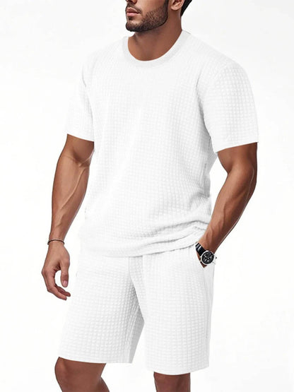 Men's Full Size Textured Round Neck Top and Shorts Set Plus SIze - Tredona LLC