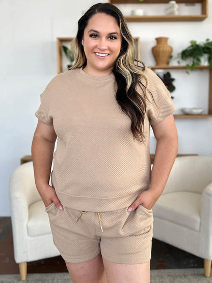 Double Take Full Size Texture Short Sleeve T-Shirt and Drawstring Shorts Set - Tredona LLC