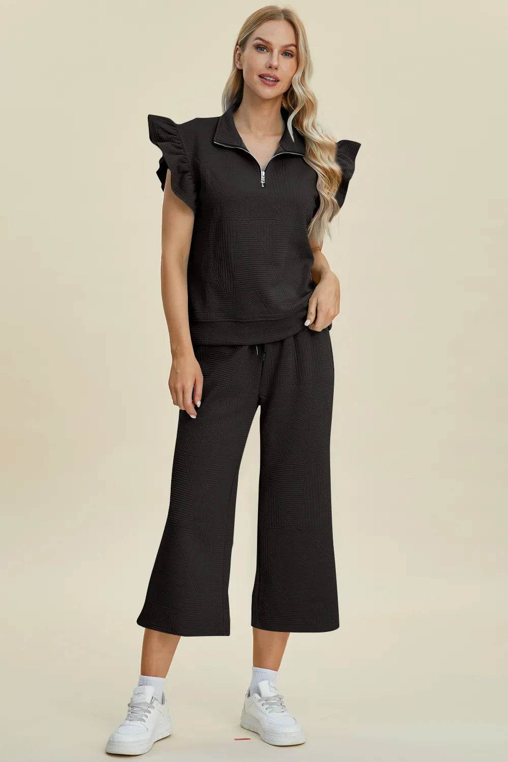 Double Take Full Size Texture Ruffle Short Sleeve Top and Wide Leg Pants Set - Tredona LLC