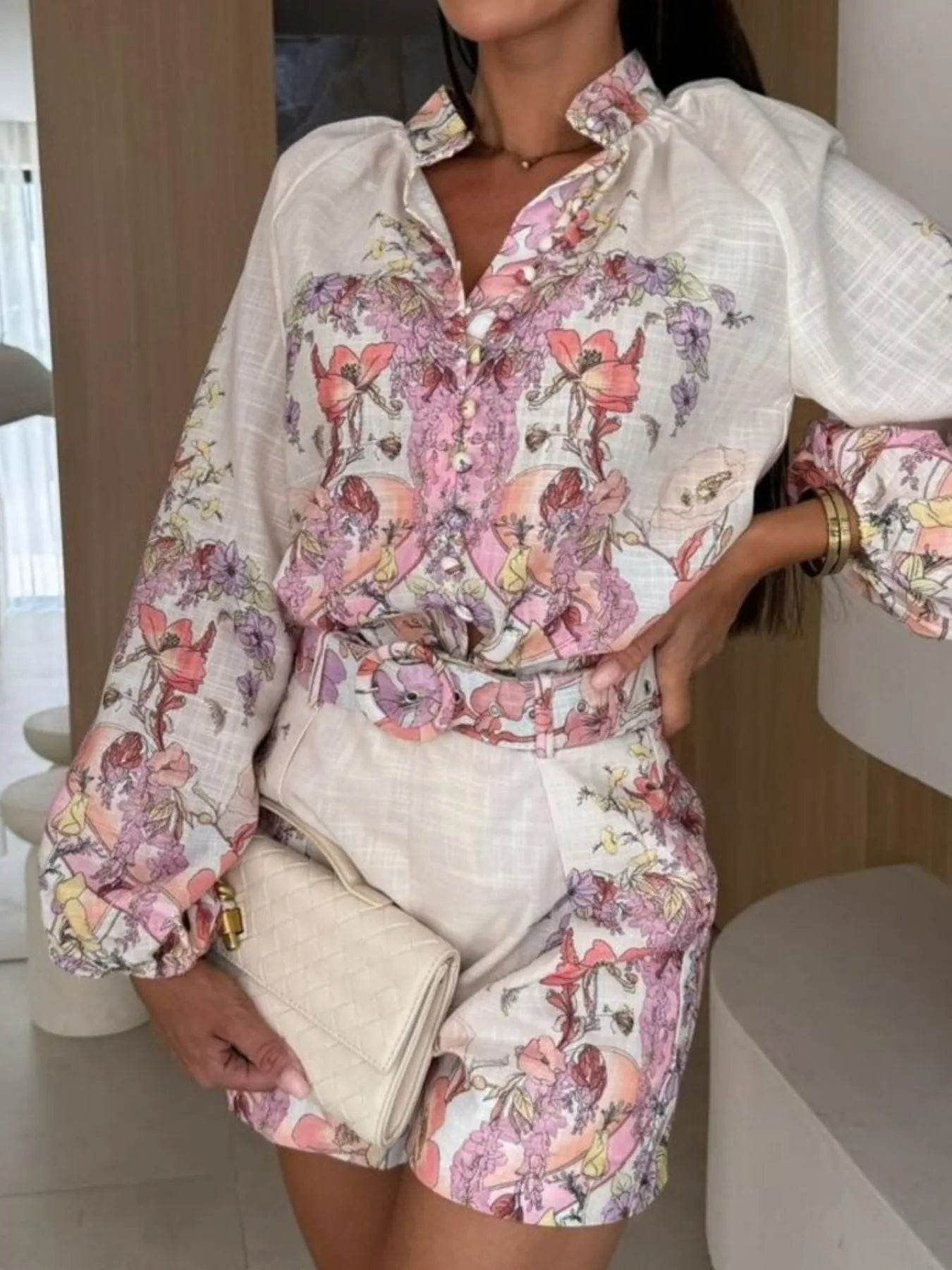 Printed Long Sleeve Shirt and Shorts Set - Tredona LLC