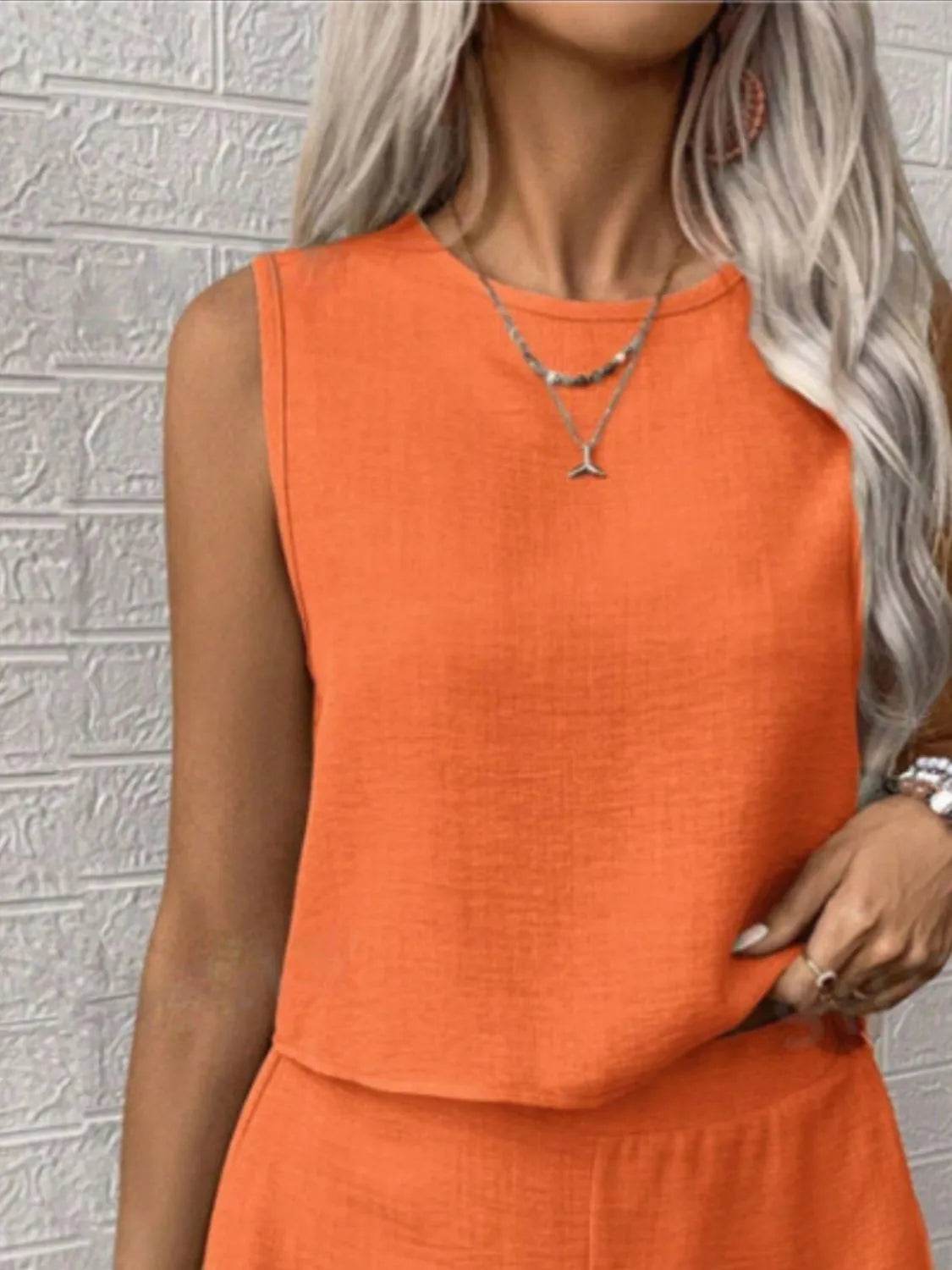 Round Neck Sleeveless Top and Shorts Set - Tredona LLC