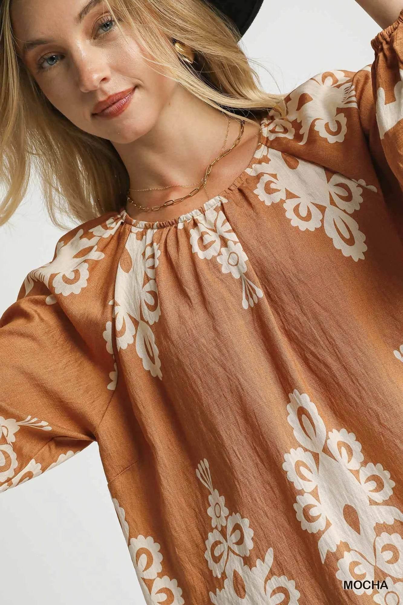 Umgee Full Size Two Tone Border Print Top with Balloon Sleeves Plus Size - Tredona LLC