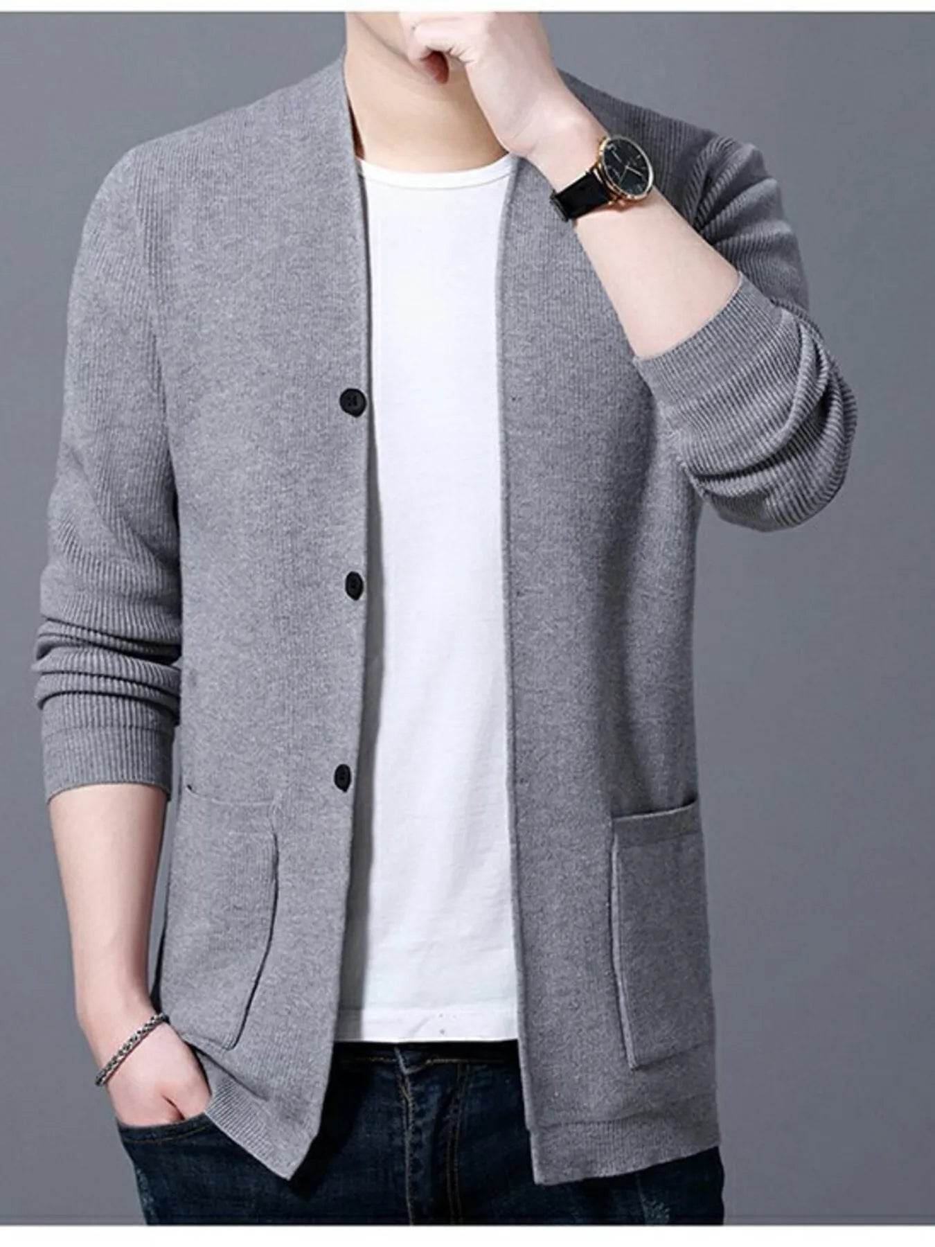 Men's Plus Size Long Sleeve Cardigan with Pockets - Tredona LLC