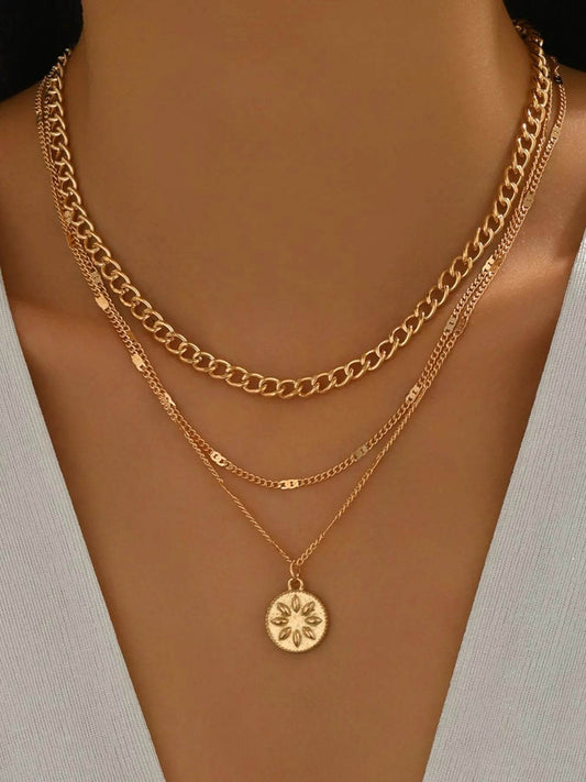18K Gold-Plated Layered Necklace with Sun Medallion Pendant - Tredona LLC