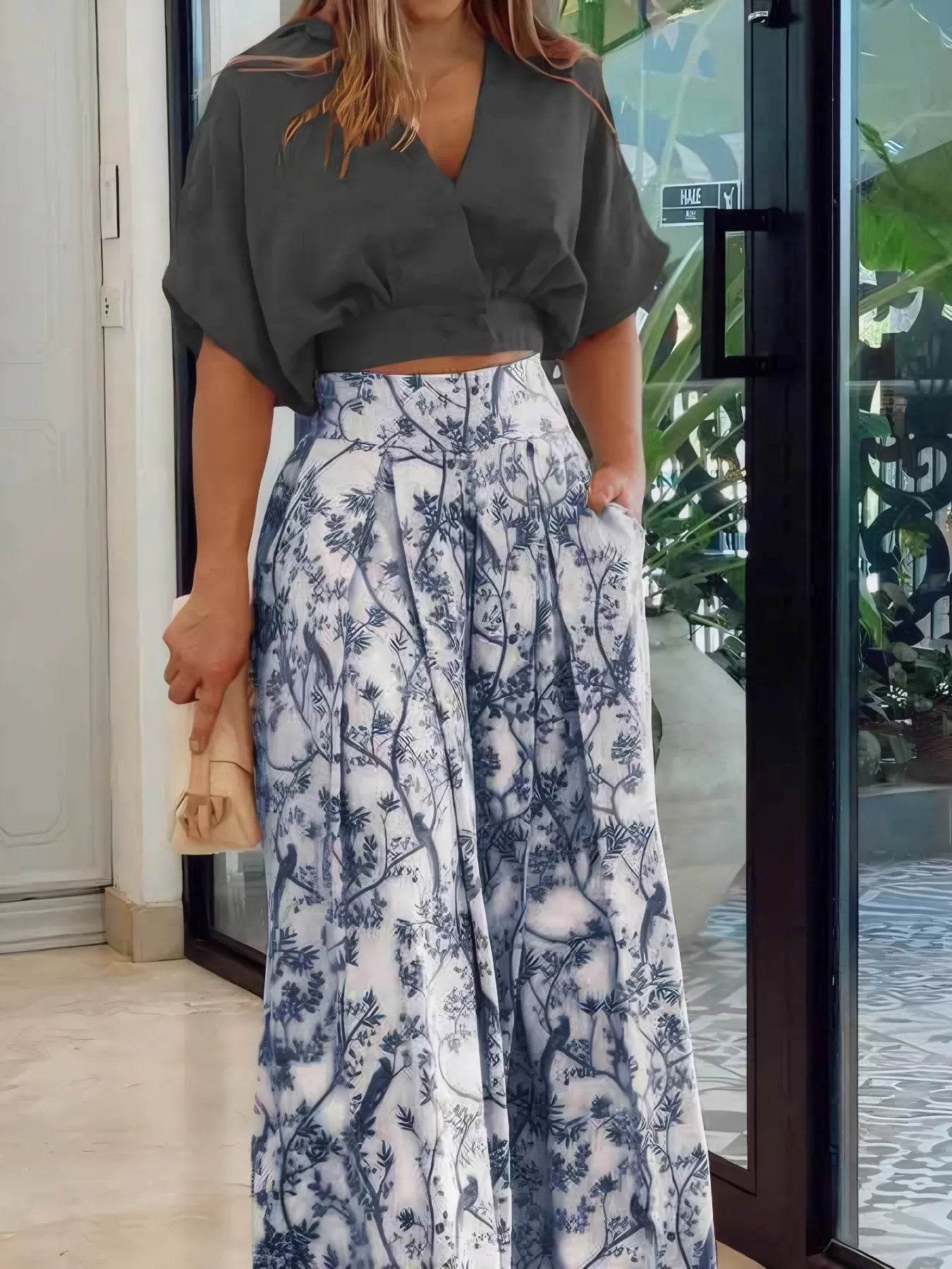 Surplice Top and High Waist Pants Set - Tredona LLC