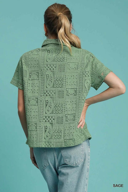 Umgee Patch Lace Short Sleeve Button Down Shirt - Tredona LLC