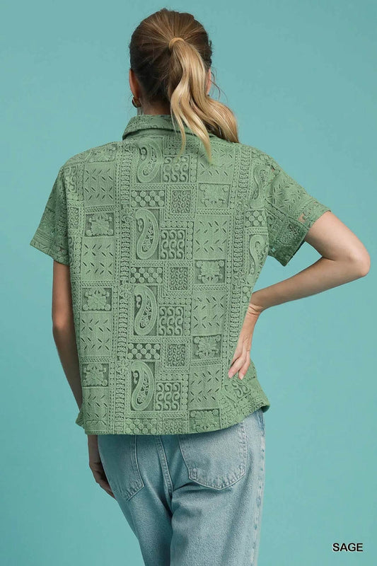 Umgee Patch Lace Short Sleeve Button Down Shirt - Tredona LLC