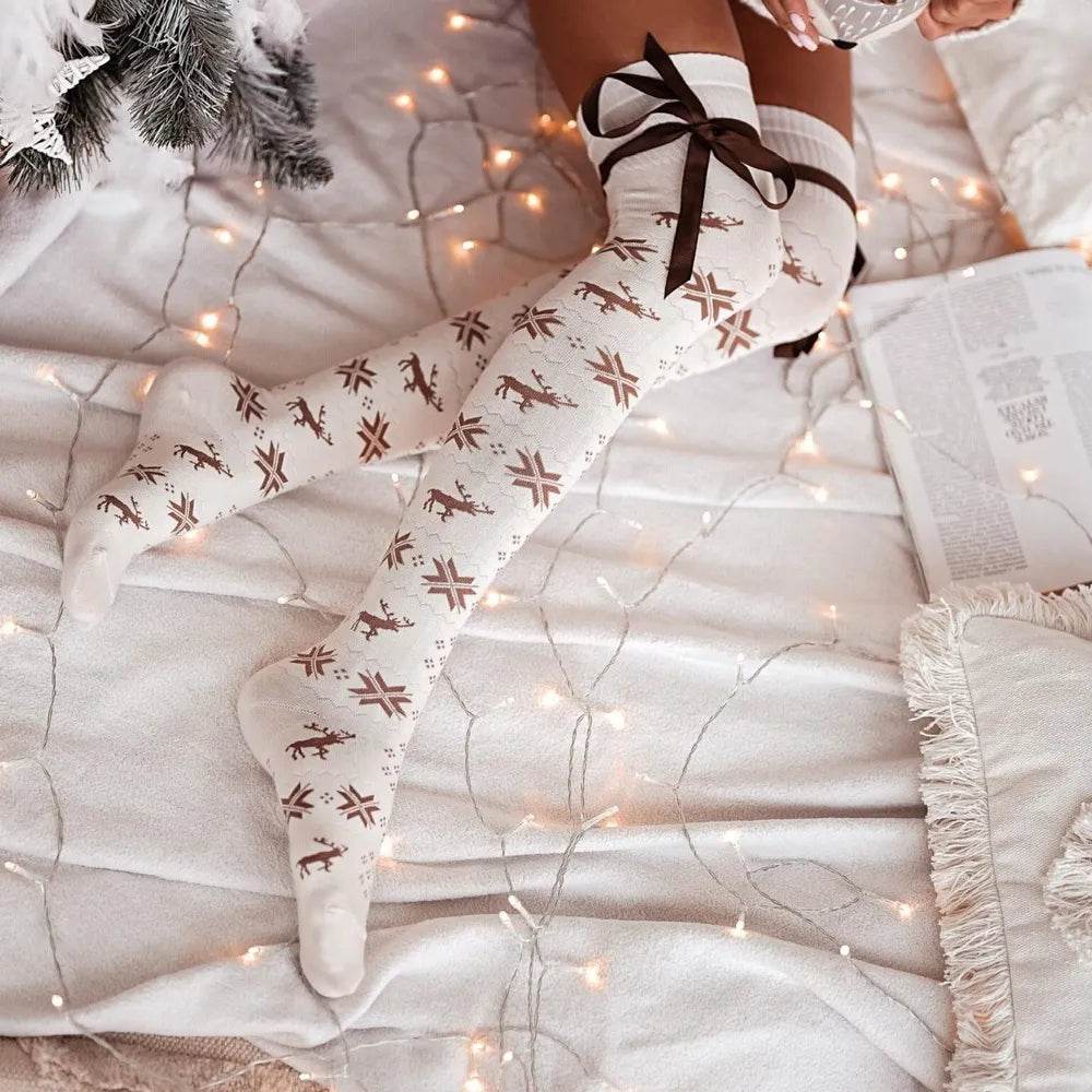 Christmas Element Bowknot Ribbed Trim Over Knee Stockings - Tredona LLC