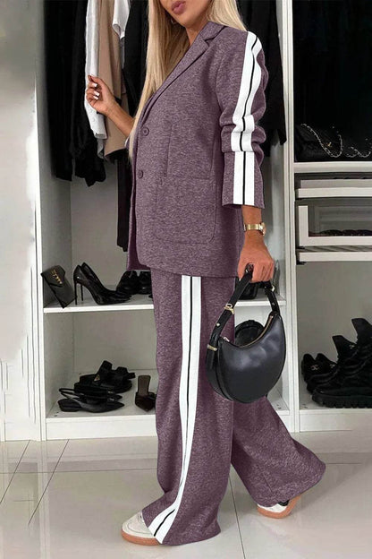Full Size Contrast Lapel Collar Top and Pants Set - Tredona LLC