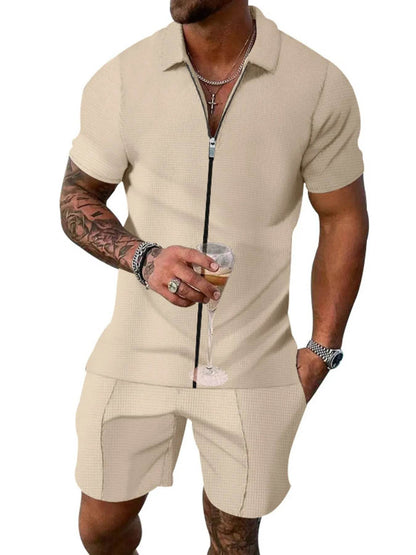 Men's Plus Size Zip Up Short Sleeve Top and Shorts Set - Tredona LLC
