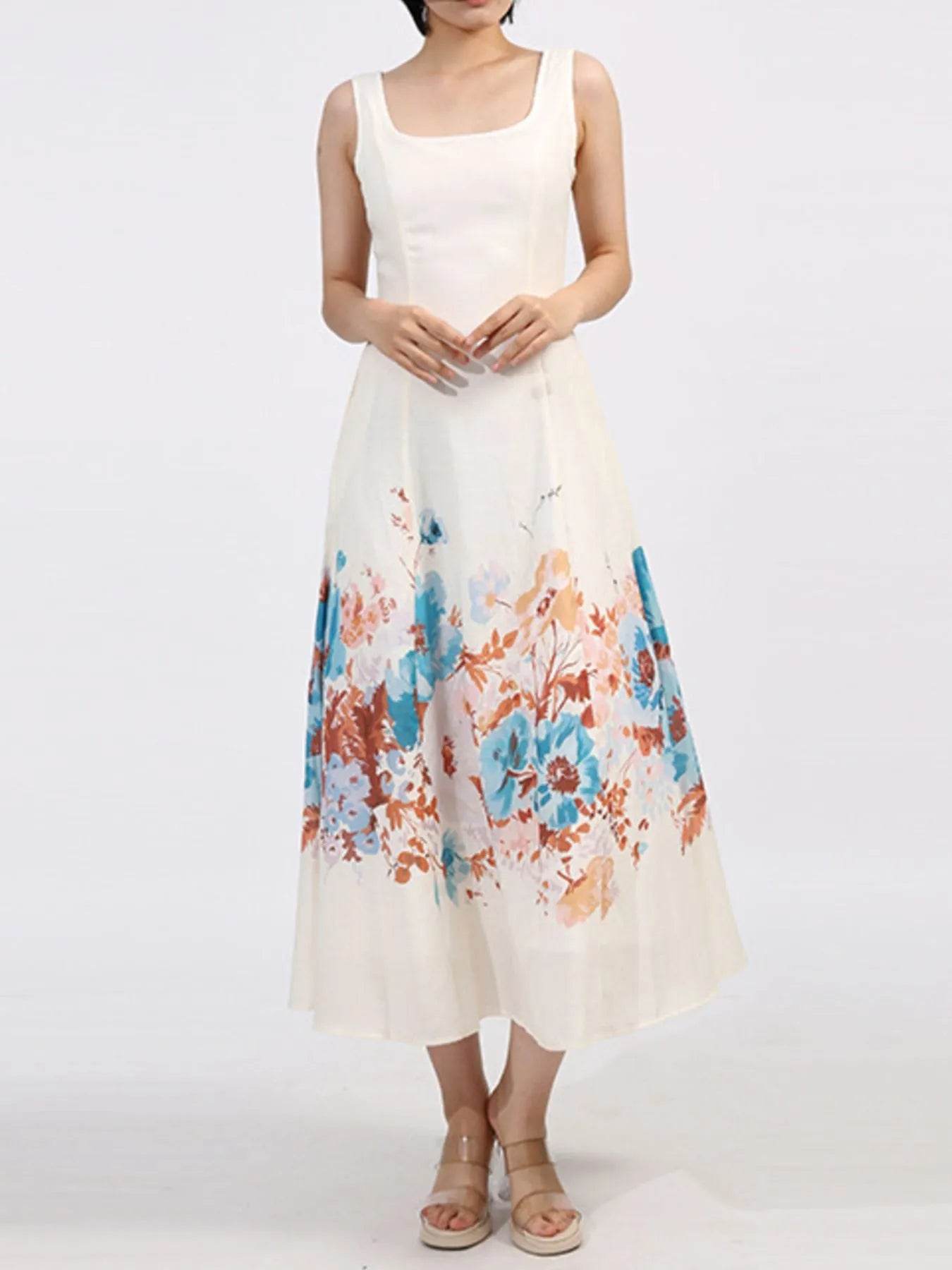 Cutout Back Printed Square Neck Dress - Tredona LLC