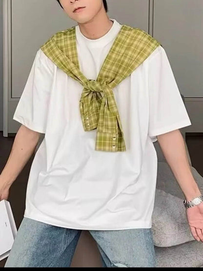 Men's Full Size Oversized T-Shirt with Plaid Shawl Plus Size - Tredona LLC