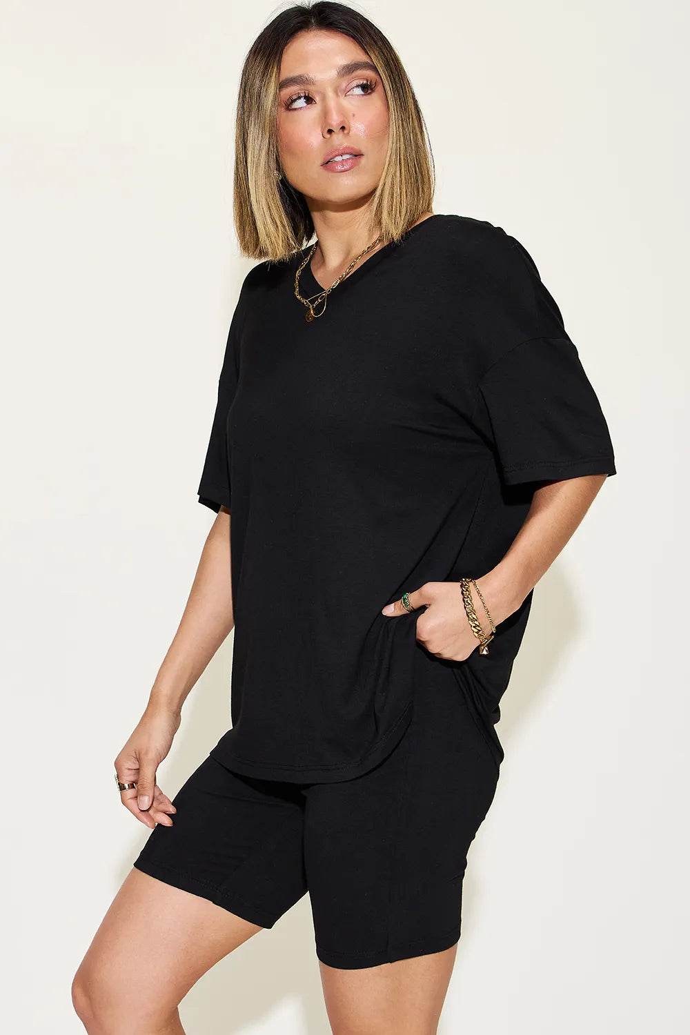 Basic Bae Full Size V-Neck Drop Shoulder T-Shirt and Shorts Set - Tredona LLC