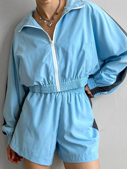 Zip Up Long Sleeve Jacket and Shorts Set - Tredona LLC