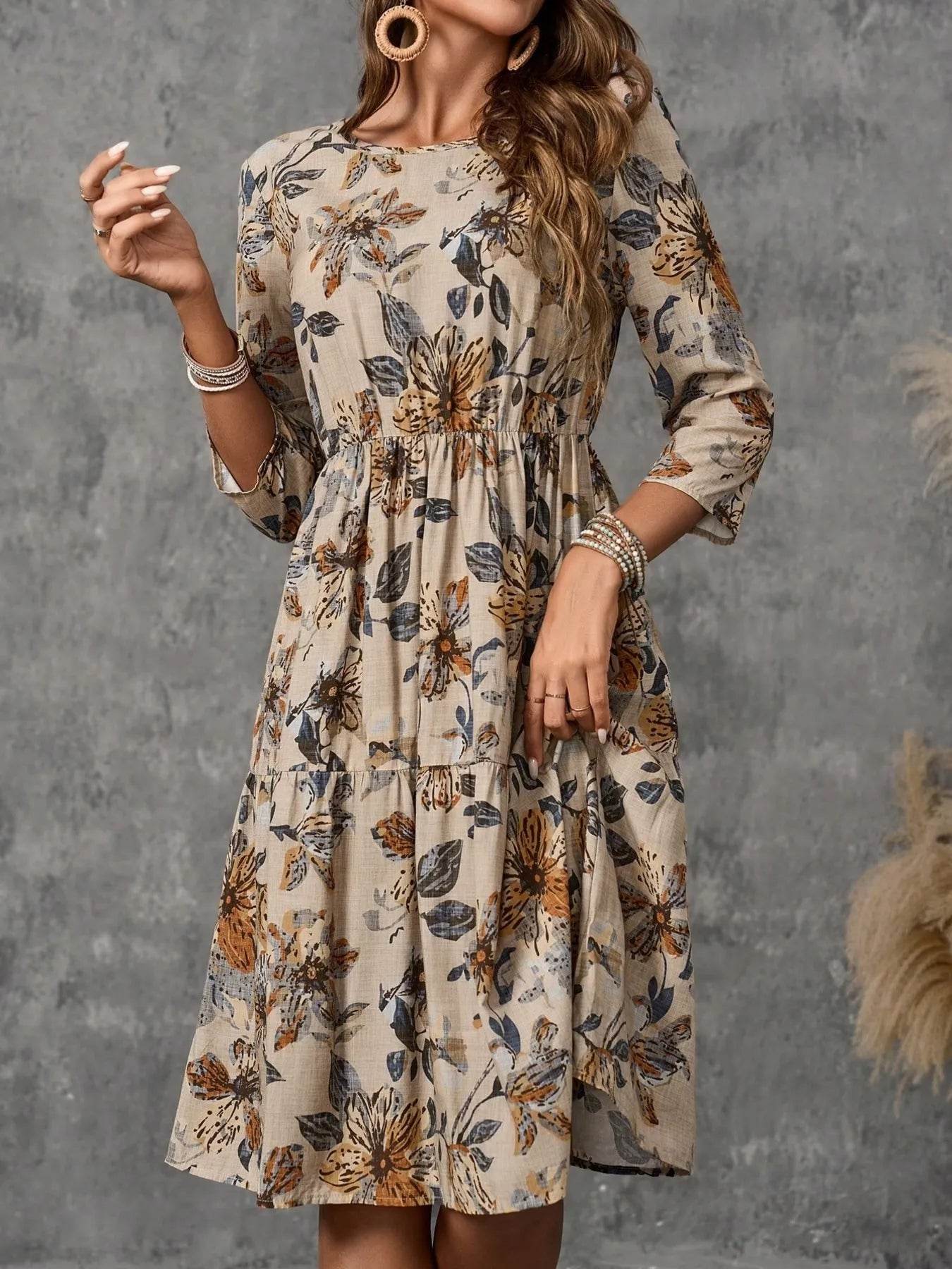 Tiered Printed Three-Quarter Sleeve Dress - Tredona LLC