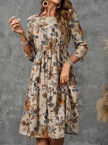 Tiered Printed Three-Quarter Sleeve Dress - Tredona LLC