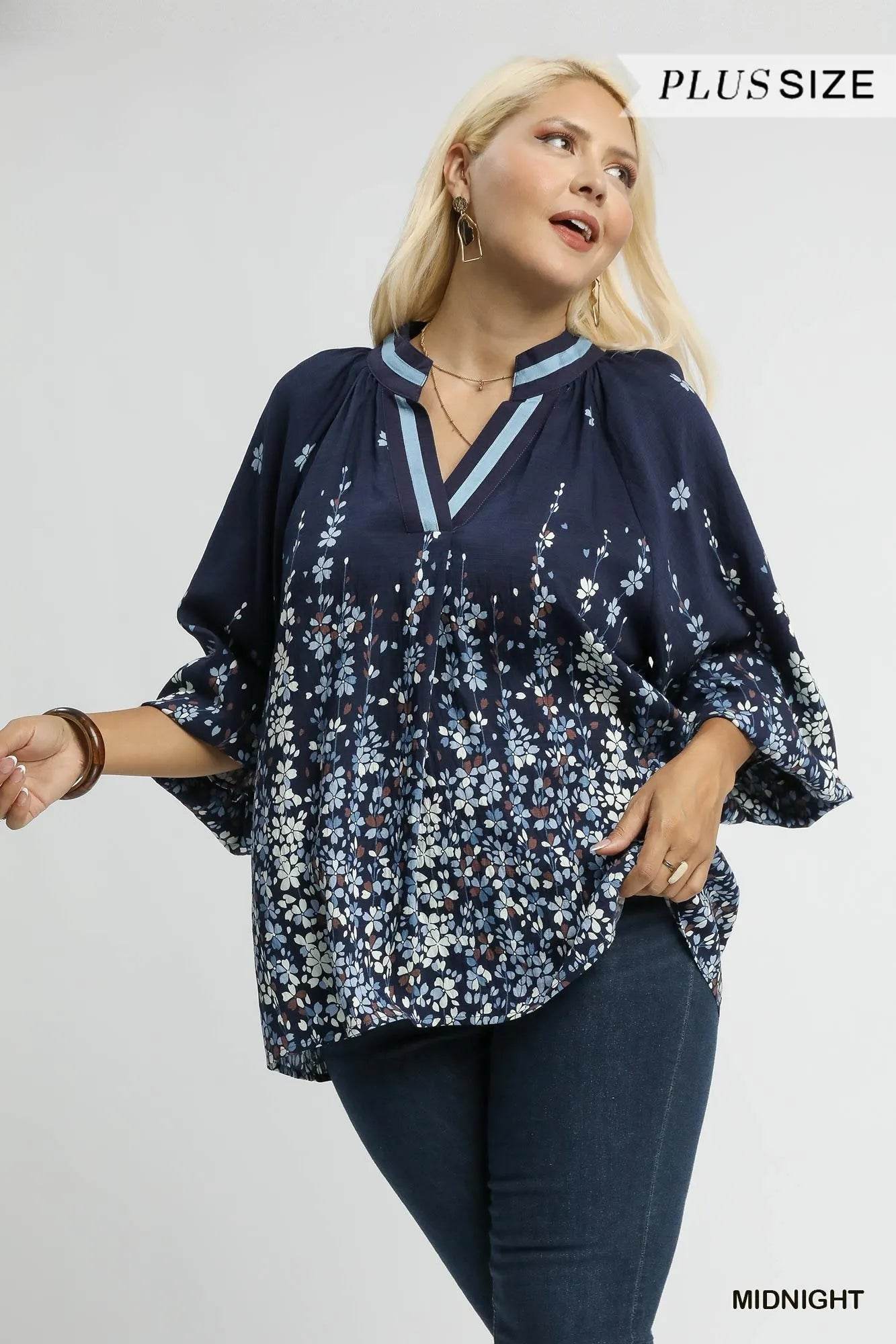 Umgee Full Size Floral Vine Print Blouse with Balloon Sleeves Plus Size - Tredona LLC