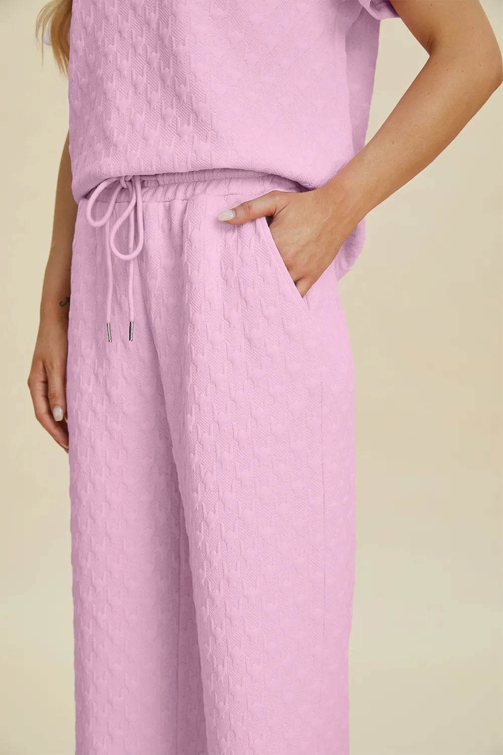 Double Take Full Size Texture Round Neck Short Sleeve Top and Pants Set - Tredona LLC